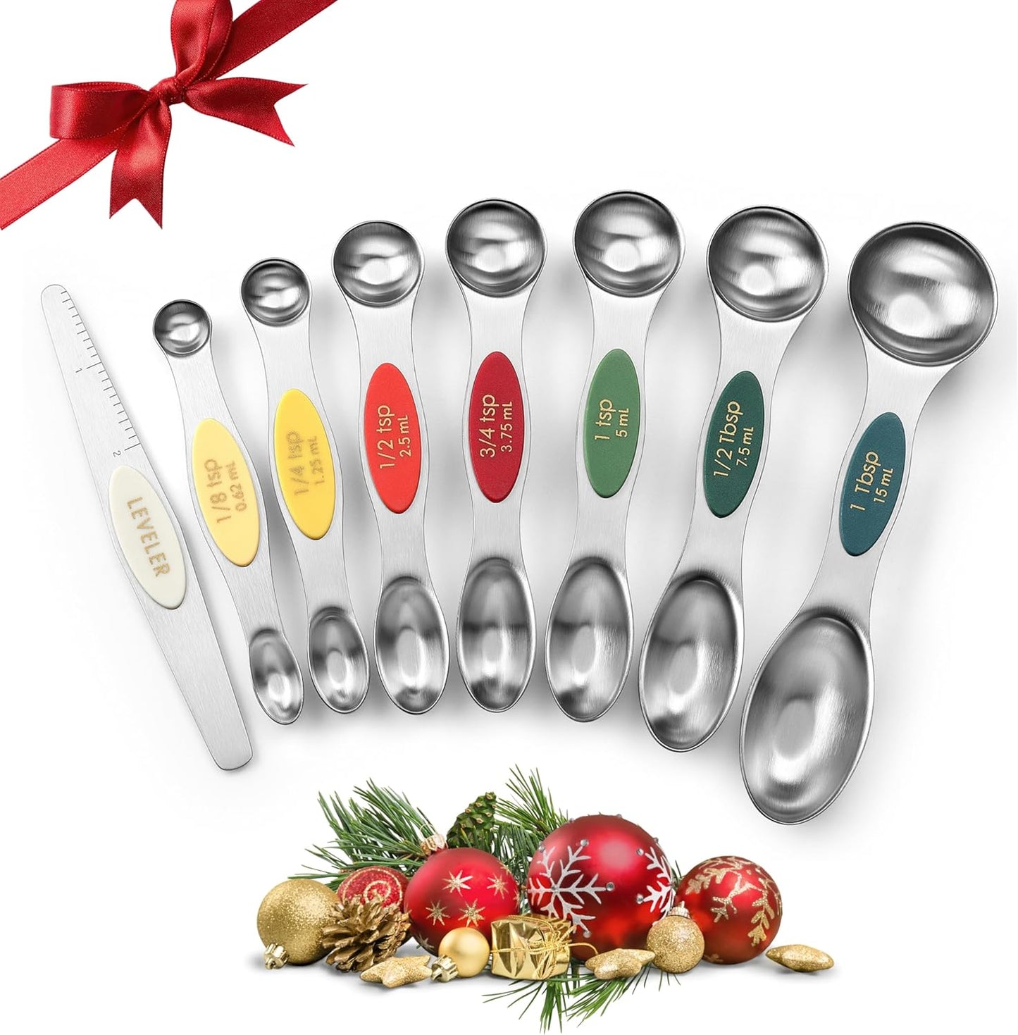 Spring Chef Stainless Steel Magnetic Measuring Spoons Set with Strong N45 Magnets, Heavy Duty Metal Kitchen Gadgets for Baking & Cooking, Fits in Most Kitchen Spice Jars, Set of 8 with Leveler, Black
