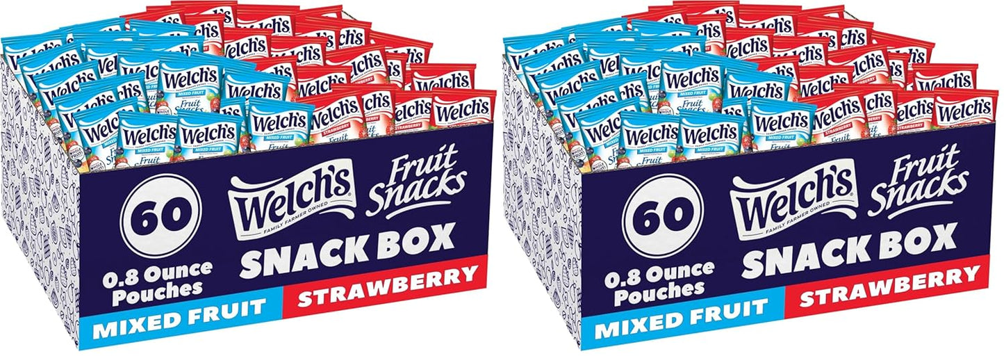 Welch's Fruit Snacks, Mixed Fruit & Strawberry Snack Box, Gluten Free, 0.8oz Snack Packs (Pack of 60)