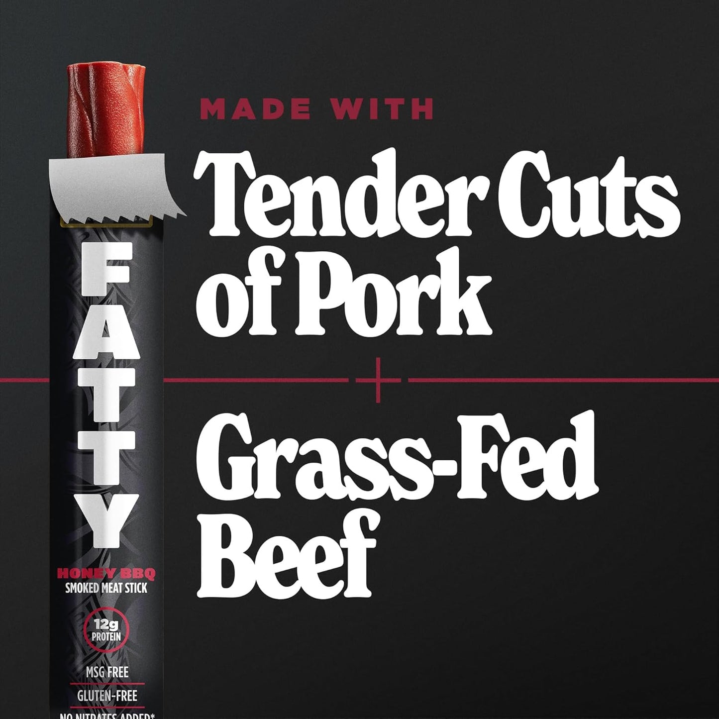 FATTY Meat Sticks, Made with Grass Fed Beef, Pork Raised Without Antibiotics, 12g Protein Per Stick, Honey BBQ, 2 oz. (Pack of 5)