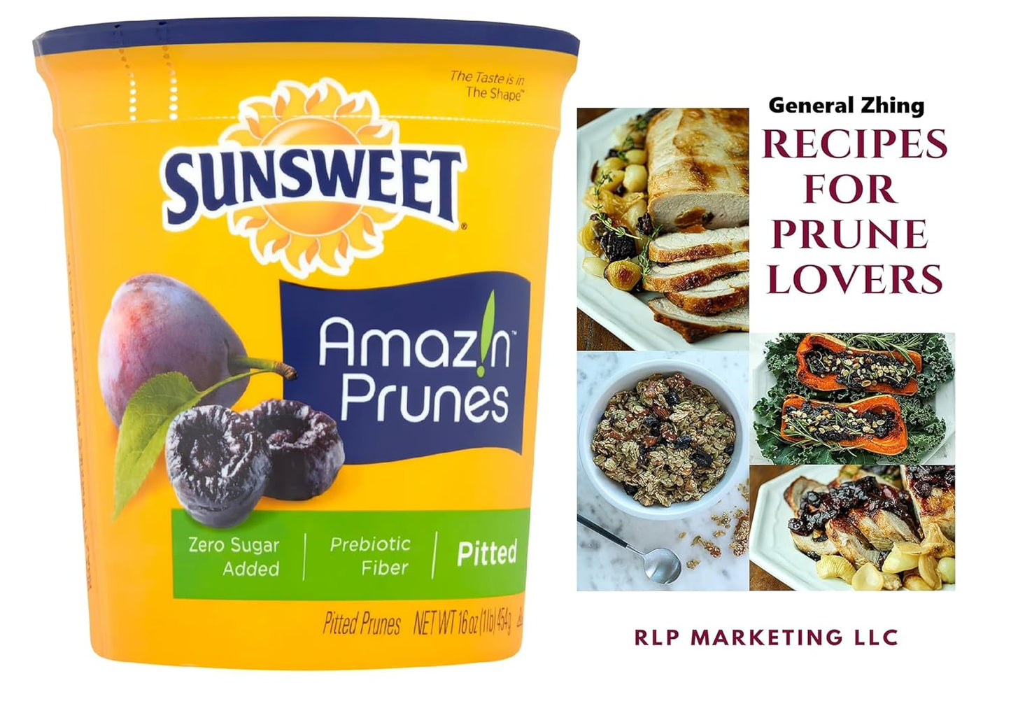 Sunsweet Prunes, Pitted Prunes Bundle, ONE 16 oz Canister of Dried Plums Plus "General Zhing's Recipes For Prune Lovers" - GREAT VALUE
