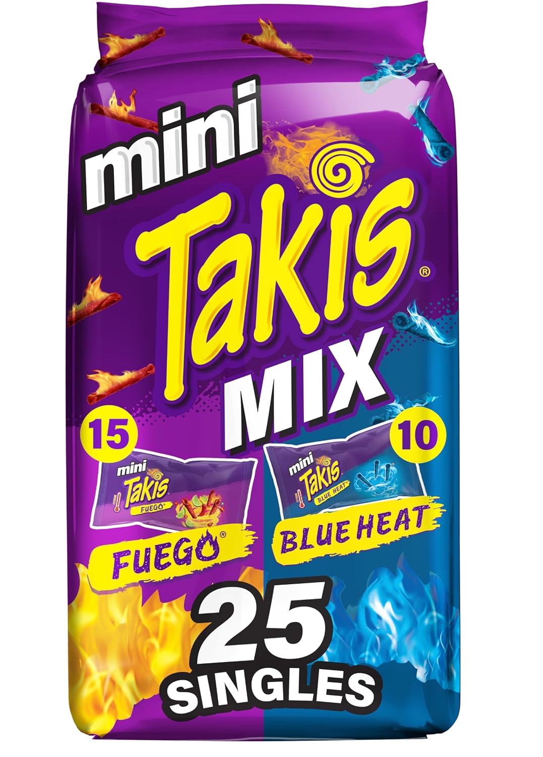 Takis Fuego Mini 25 pc / 1.23 oz Bite Size Multipack, Hot Chili Pepper & Lime Flavored Extreme Spicy Rolled Tortilla Chips