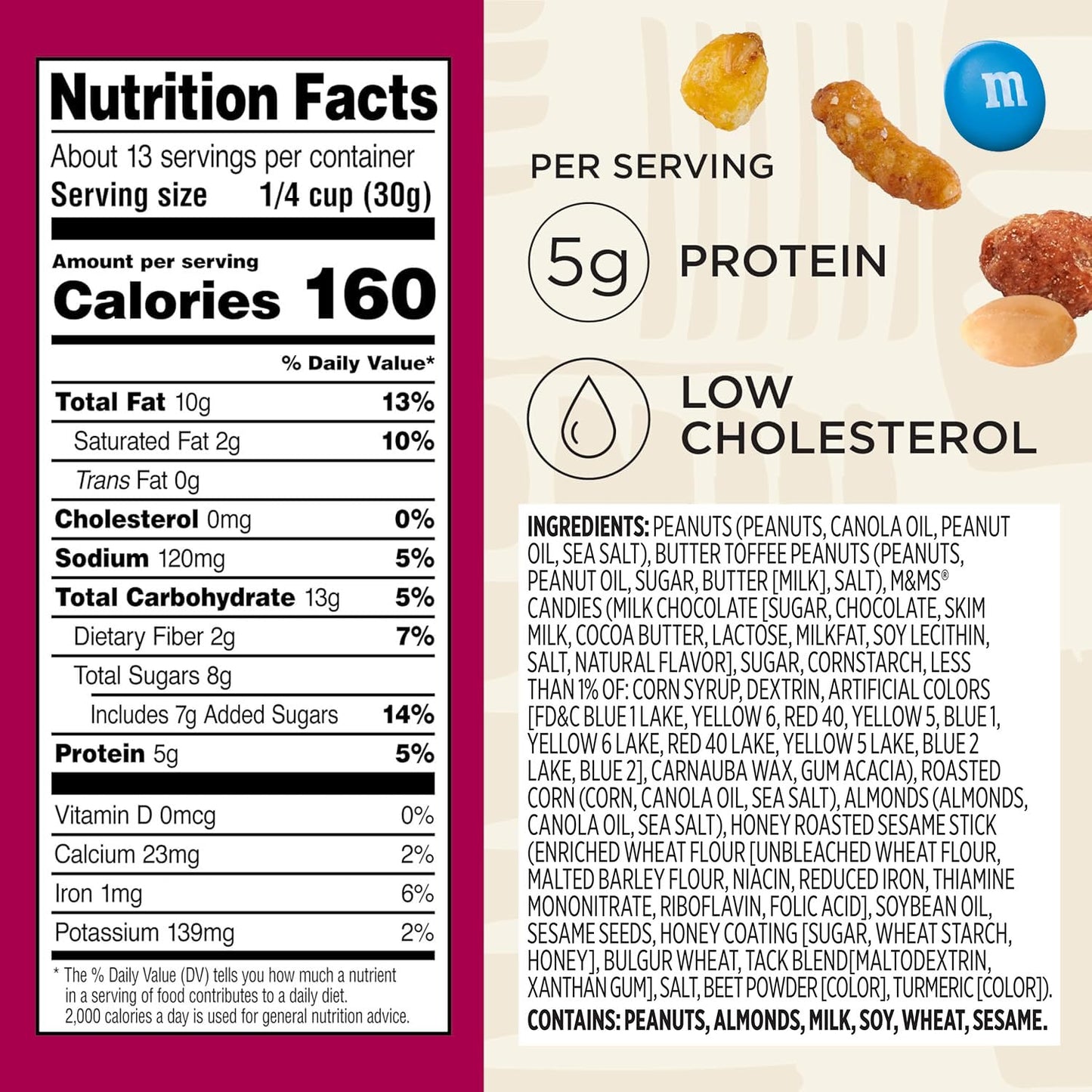 Snak Club Sweet and Salty Trail Mix with Peanuts, Butter Toffee Peanuts, M&M'S Chocolate Candies, Toasted Corn, Honey Sesame Sticks, and Almonds, Kosher Snack, 24 oz Resealable Bag