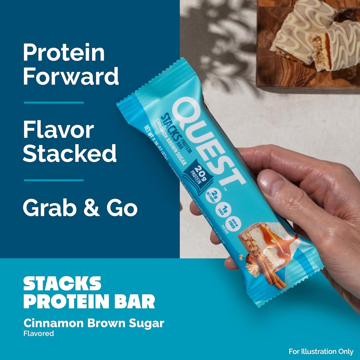 Quest Nutrition Stacks Protein Bars, Cinnamon Brown Sugar, 20g Protein, 2g Net Carbs, 1g Sugar, High Fiber, Low Sugar, Gluten Free, 4 Count