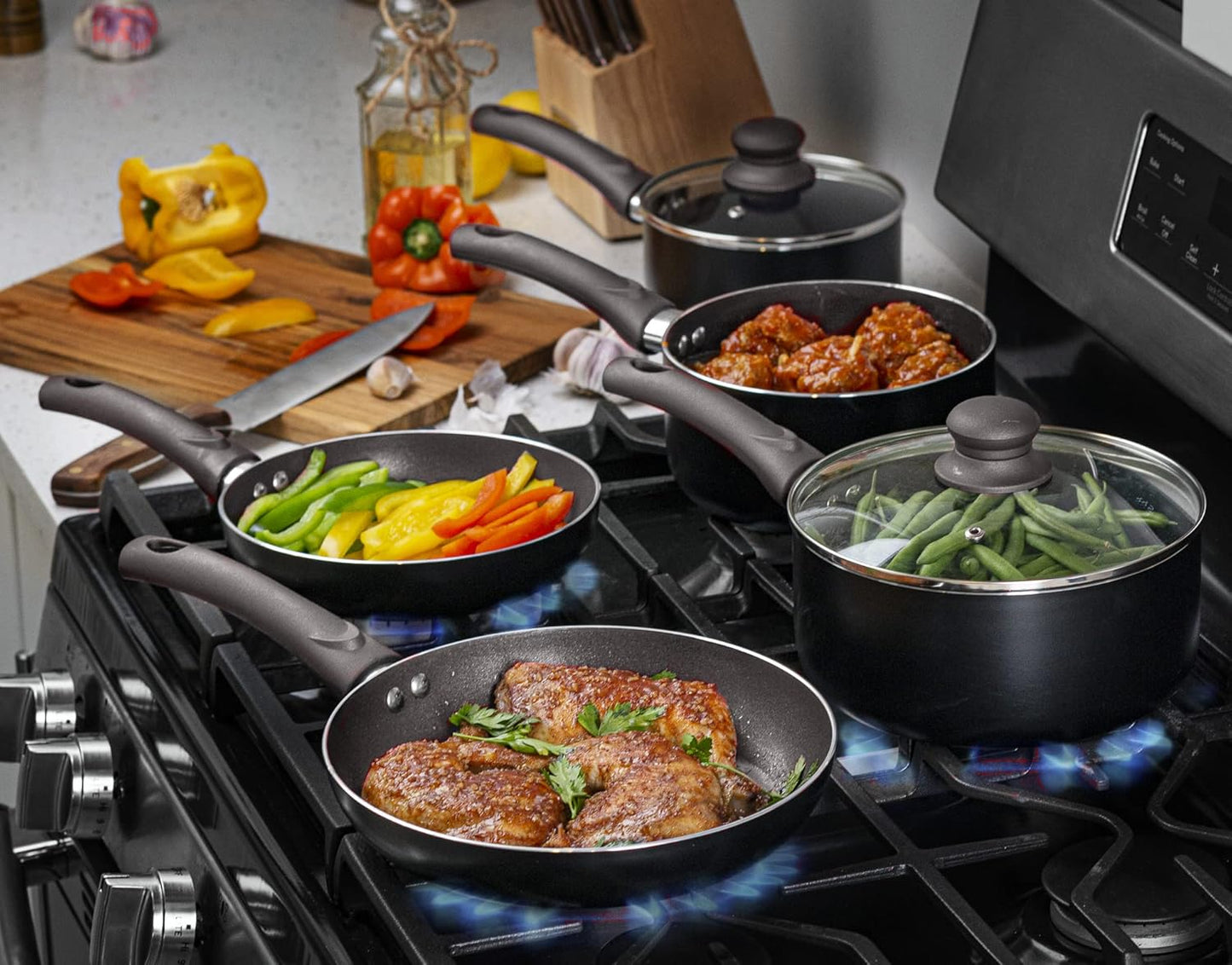 Pots and Pans Set, Aluminum Nonstick Cookware Set, Fry Pans, Casserole with Lid, Sauce Pan, and Utensils, 11 Piece Cooking Set (Black)