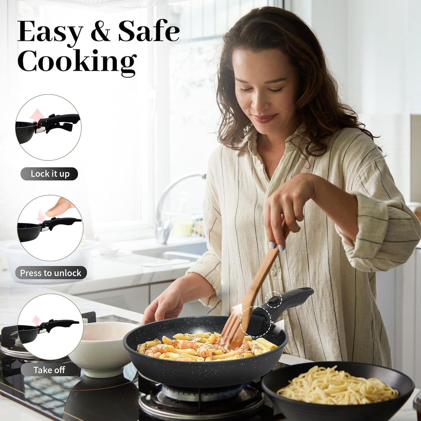 5PCS Pots and Pans Set Non Stick, Kitchen Cookware Sets with Detachable Handle, Ceramic Cookware Sets, Non Stick RV Cookware Cooking Set, Dishwasher & Oven Safe, PFOA Free, Black