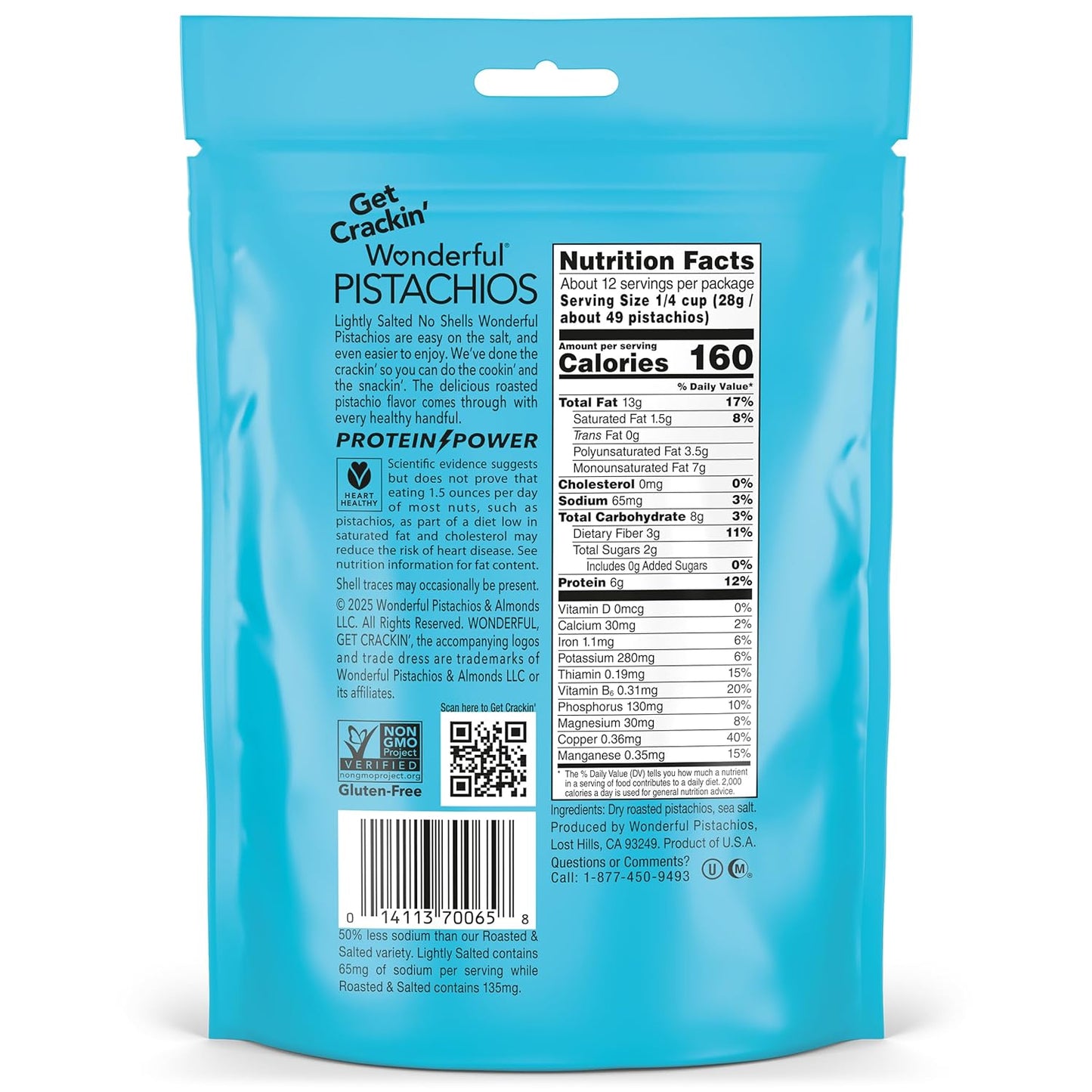 Wonderful Pistachios No Shells, Lightly Salted Nuts, 12 Ounce Resealable Bag, Protein Snacks, Gluten Free, Healthy Snack