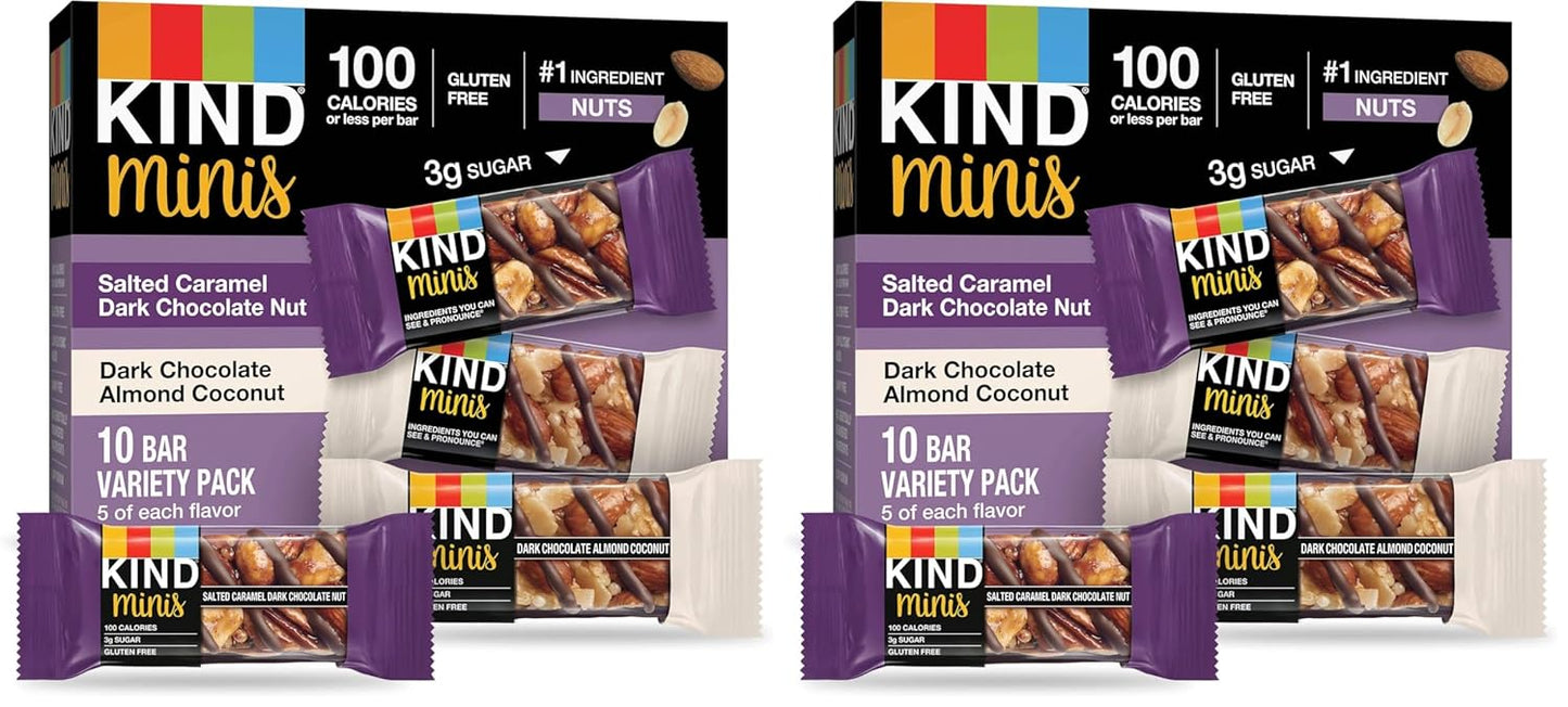 KIND Mini Snack Bars Variety Pack, Gluten Free, Low Sugar, Low Calorie Snacks, Salted Caramel Dark Chocolate Nut, Dark Chocolate Almond Coconut, 20 Count