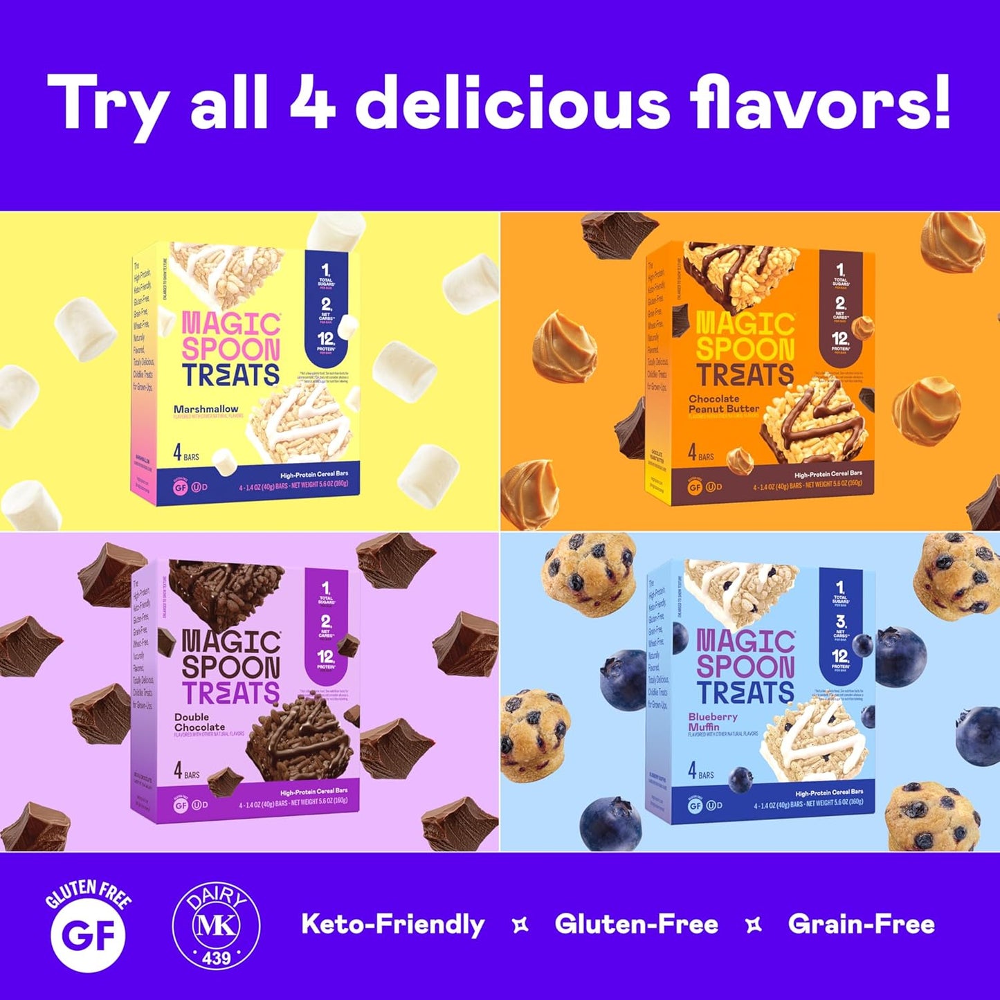 Magic Spoon Treats - 8 High Protein Bars: 2 Marshmallow, 2 Chocolate Peanut Butter, 2 Blueberry Muffin, 2 Double Chocolate - High Protein Gluten Free Snack - Sugar Free Protein Cereal Bar