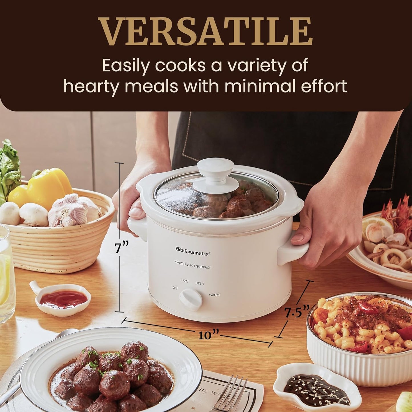 Elite Gourmet MST-250XW Electric Slow Cooker Ceramic Pot Adjustable Temp, Entrees, Sauces, Stews & Dips, Dishwasher Safe Glass Lid & Crock