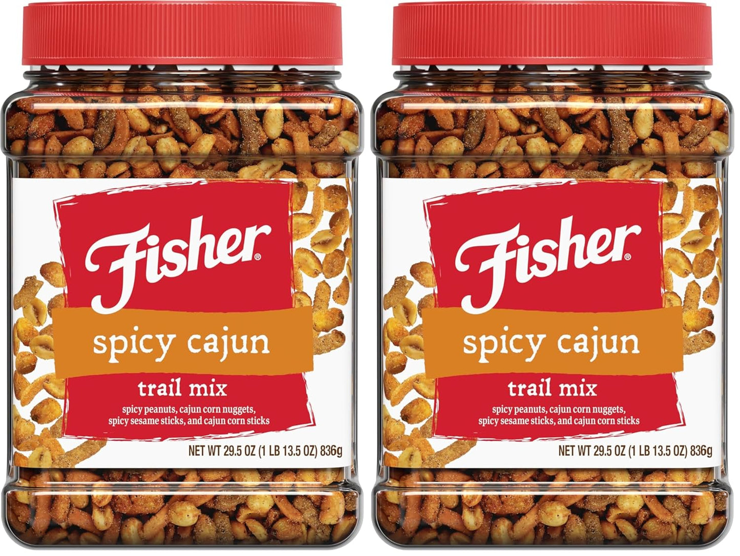 Fisher Snack Spicy Cajun Trail Mix, 29.5 oz (Pack of 1), Resealable Jar, Bold & Crunchy Snack Mix with Peanuts, Corn Nuggets, Sesame Sticks, and Corn Sticks, Mildly Spicy Party Trailmix, Snacks for Adults