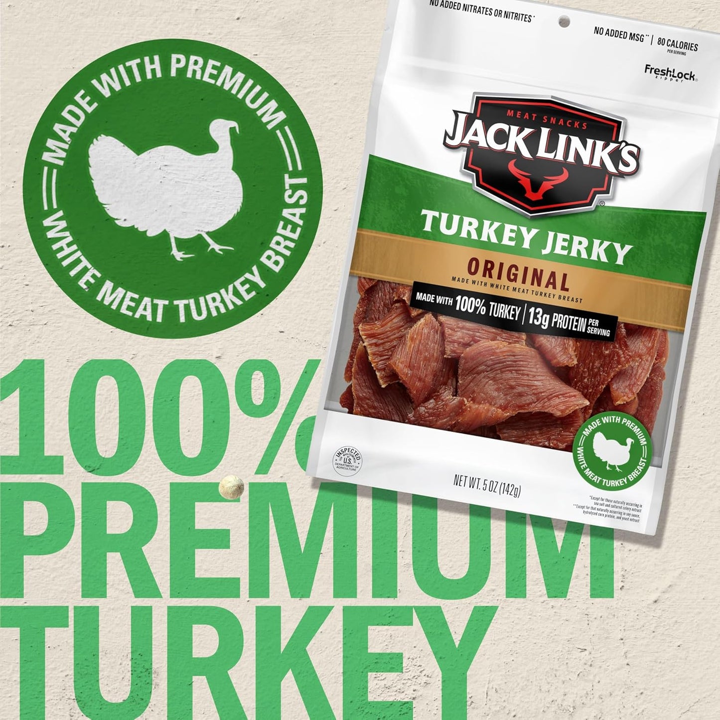 Jack Link's Turkey Jerky, Original, Jerky Bag - Flavorful Snack, Ready to Eat Protein Snacks with 13g of Protein per Serving, Made with 100% Turkey, Keto Friendly - 5 Oz.
