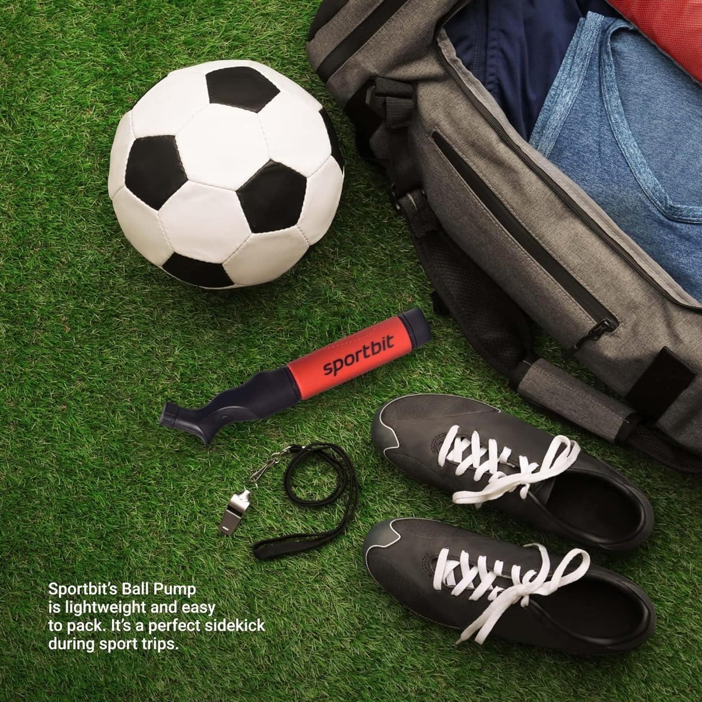 SPORTBIT Ball Pump for Sports Balls - Push & Pull Inflating System - Hand Pump for All Exercise Balls - Volleyball Pump, Basketball Inflator, Football & Soccer Ball Air Pump - Goes with 5 Needles Set