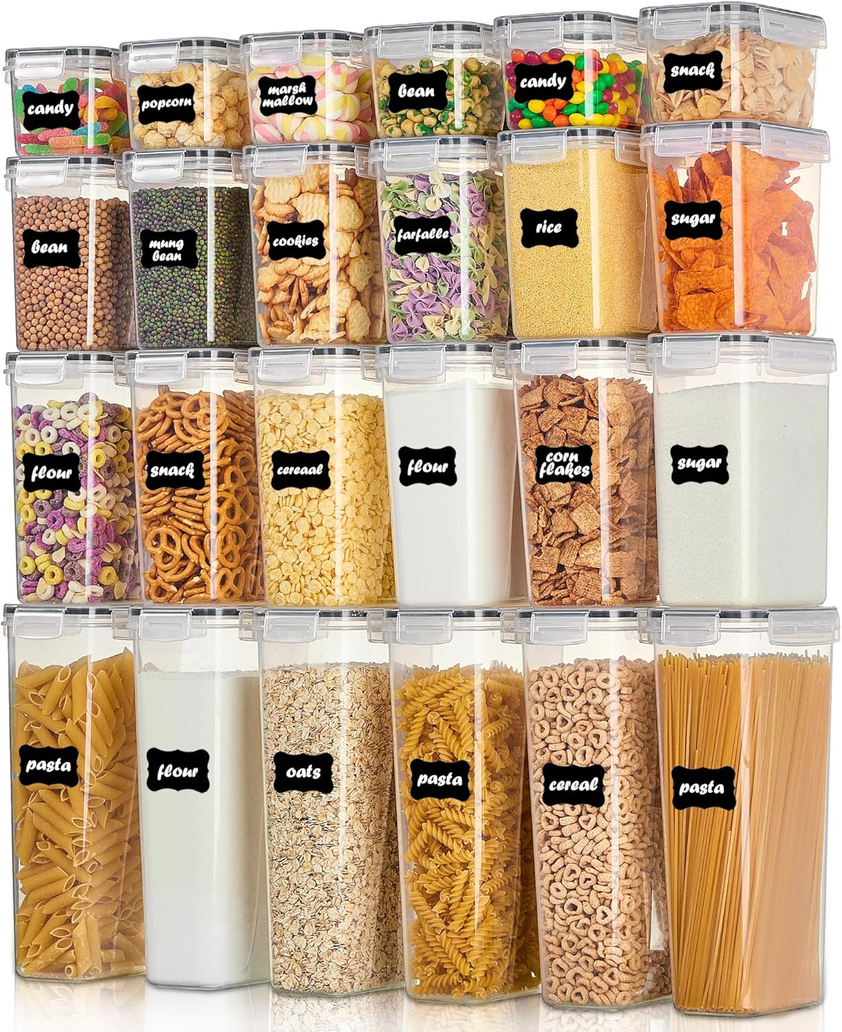 Airtight Food Storage Containers with Lids, Vtopmart 24 pcs Plastic Kitchen and Pantry Organization Canisters for Cereal, Dry Food, Flour and Sugar, BPA Free, Includes 24 Labels,Black