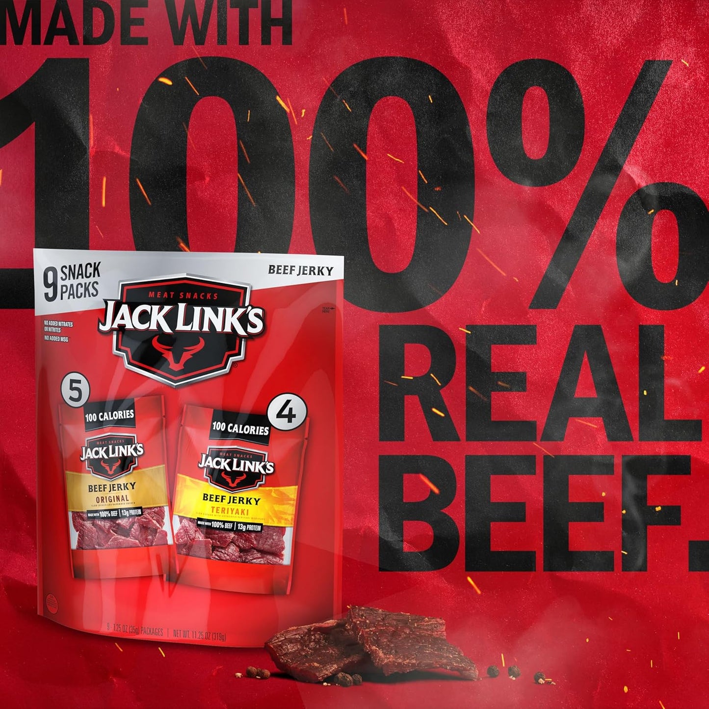 Jack Link's Beef Jerky Variety Pack with Original and Teriyaki Flavors, 9 Pack, 1.25 oz Bag, Ready to Eat Protein Snacks, 13g Protein per Serving