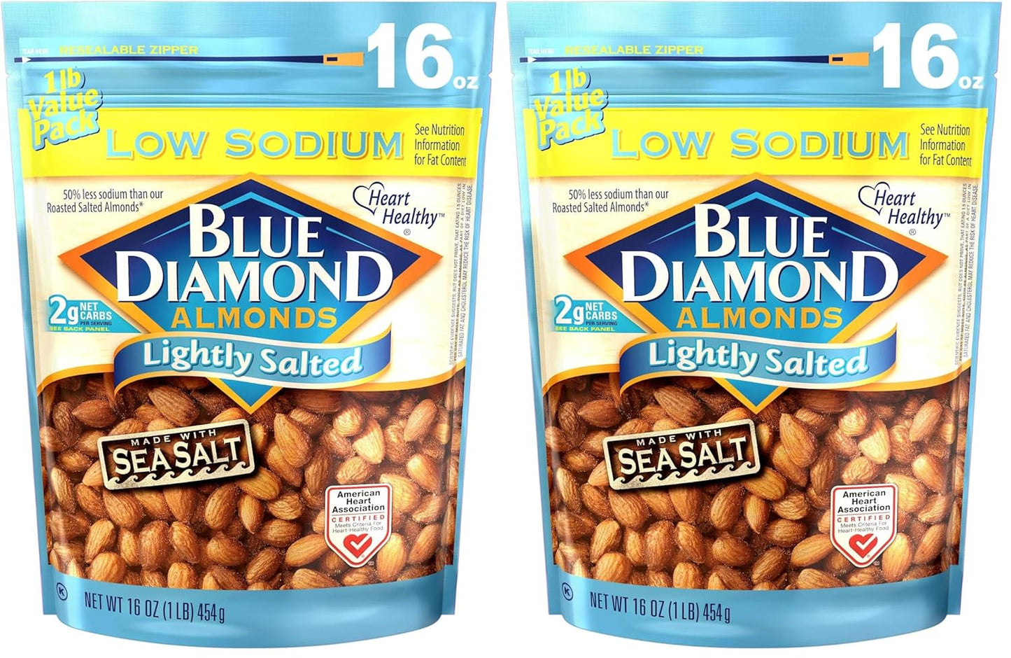 Blue Diamond Almonds Low Sodium Lightly Salted Snack Nuts, 16 Oz Resealable Bag (Pack of 1)