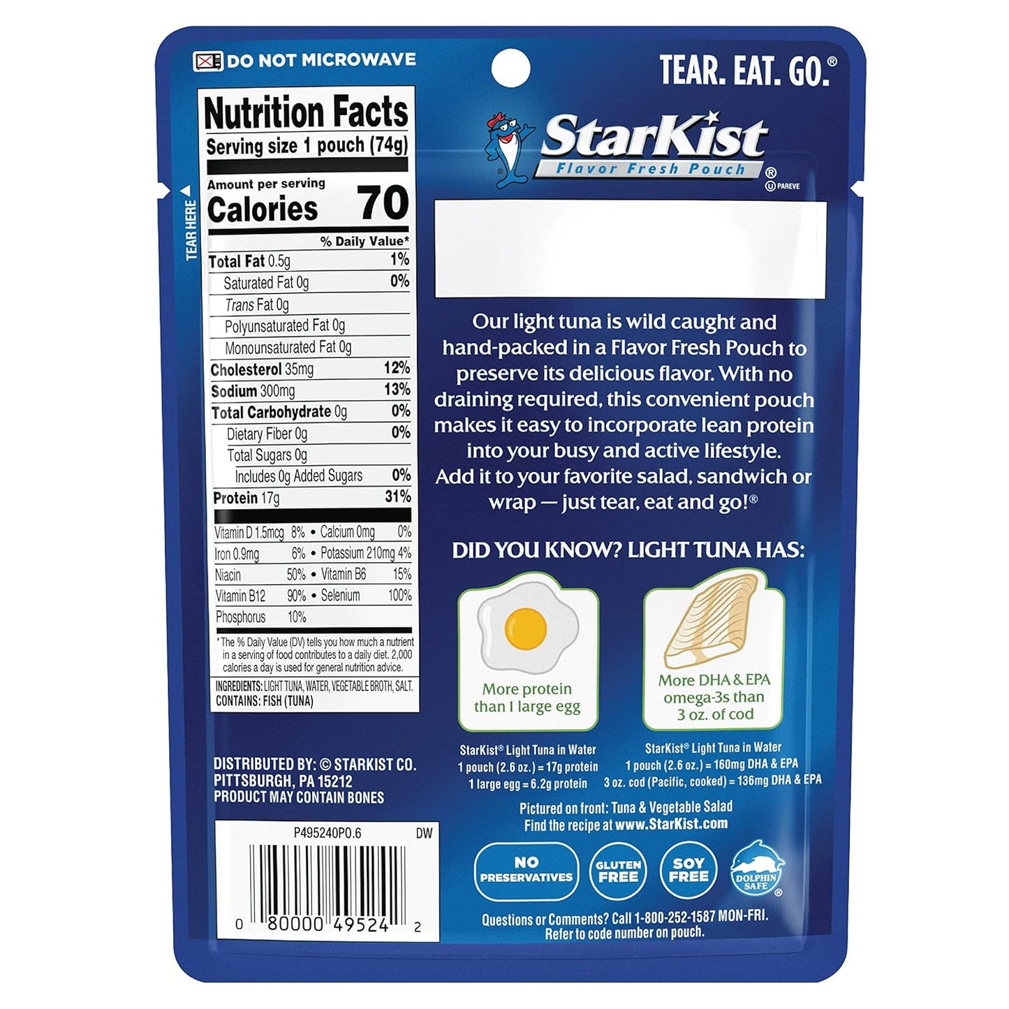 StarKist Chunk Light Tuna in Water, 2.6 oz Pouch (12 Pack) Ready to Eat Wild Caught Tuna, 17g Protein, 70 Calories Per Serving, Gluten Free, Soy Free, Kosher, Perfect for Salads, Keto Meals and Snacks