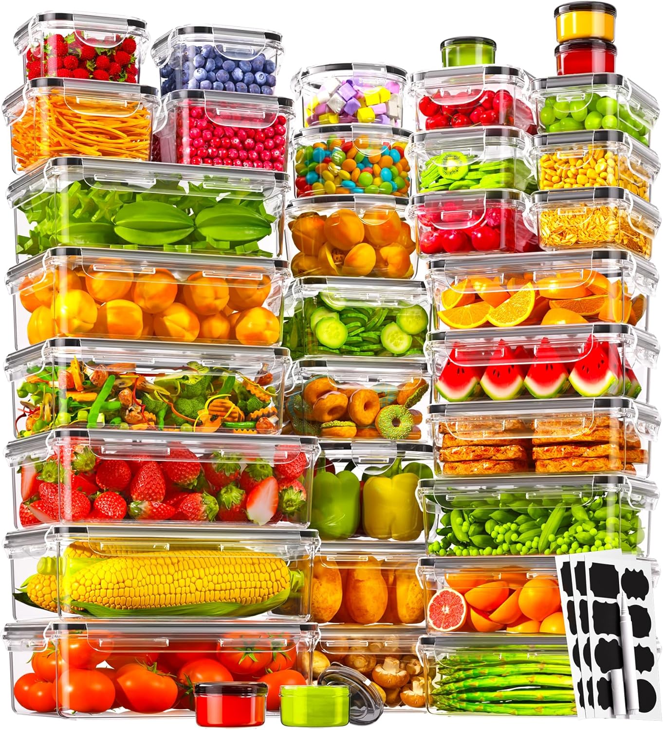 60 PCS Food Storage Containers with Lids, BPA-Free Plastic Food Containers for Kitchen Storage, Leak Proof, Reusable Meal Prep Containers with Labels & Pen