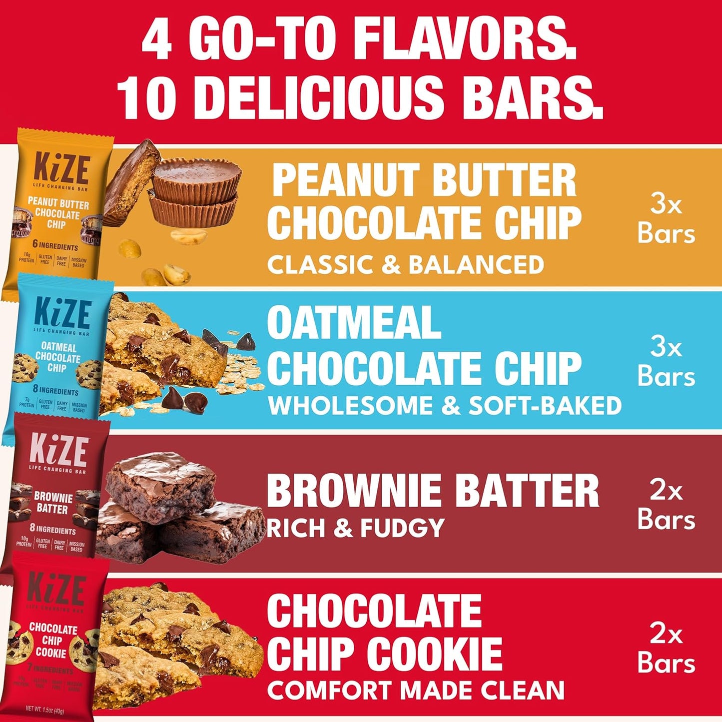 KiZE Energy Bars - Best Sellers Variety Pack - Gluten Free, Dairy Free Options, Non-GMO, and High Protein Meal Replacement Energy Bars, Clean and Simple Food Ingredients - 7-10g High Protein Snacks, (10 Count)