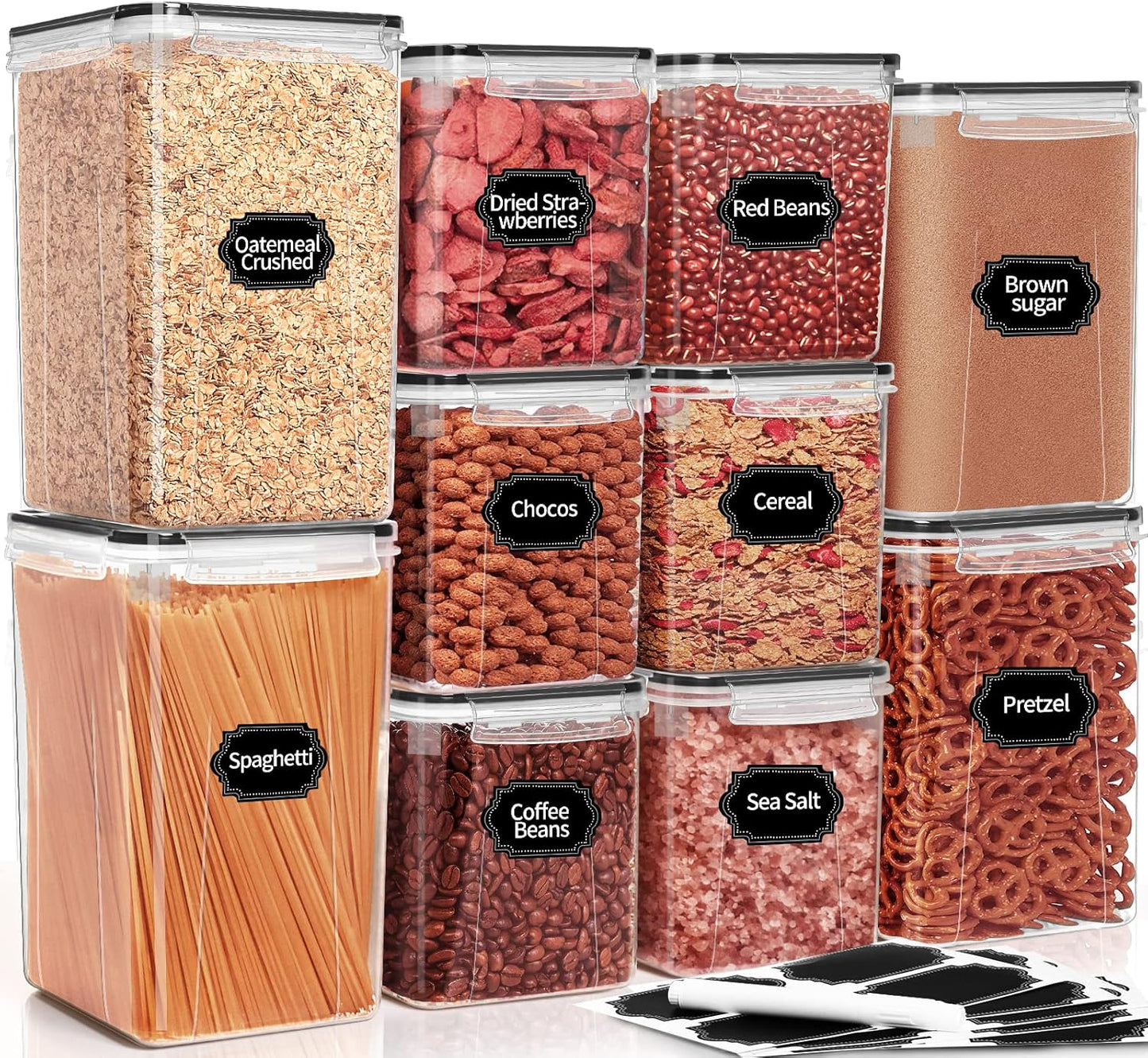 PRAKI Large Airtight Food Storage Containers with Lids, 10PCS Plastic Cereal Storage Containers, Kitchen & Pantry Organizers and Storage for Sugar, Flour, Baking Supplies with Lables & Mark
