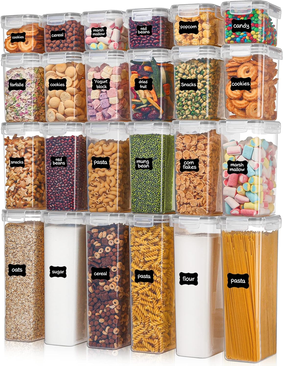 Airtight Food Storage Containers with Lids, Vtopmart 24 pcs Plastic Kitchen and Pantry Organization Canisters for Cereal, Dry Food, Flour and Sugar, BPA Free, Includes 24 Labels,Black