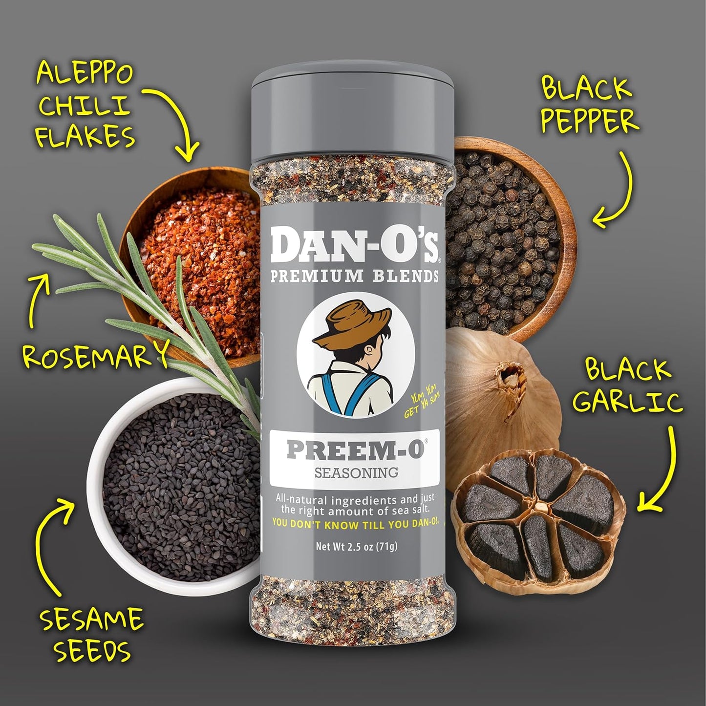 Dan-O's Preem-O Seasoning, 2.5 oz Bottle, Meat Seasoning for Steak, Ribs, Chicken, Brisket and More, Sugar Free, Zero Calorie, Use this Spice Blend to Craft a Marinade, Dry Rub or Sauce