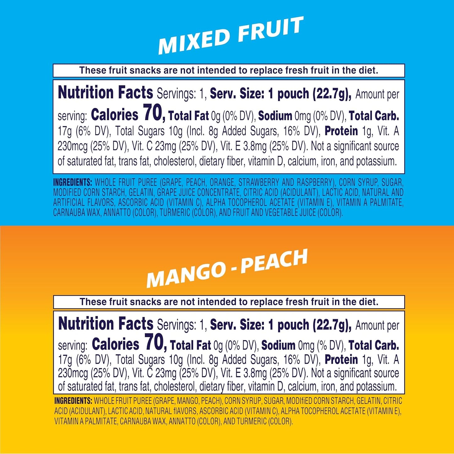 Welch's Fruit Snacks, Mixed Fruit & Mango Peach Snack Box, Gluten Free, 0.8oz Snack Packs (Pack of 60)