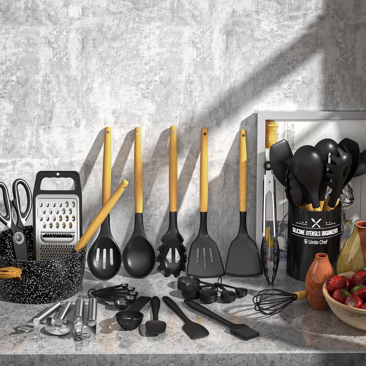 Umite Chef 34‑Piece Silicone Cooking Utensils Set with Holder – Heat‑Resistant Non‑Stick
