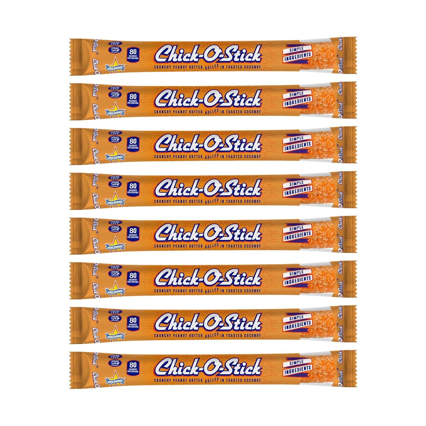 Atkinson's Chick-O-Stick - Crunchy Peanut Butter Rolled in Toasted Coconut - Gluten Free, Kosher, Vegan, No Artificial Ingredients - 0.7 oz. Candy Bar - 8 Count