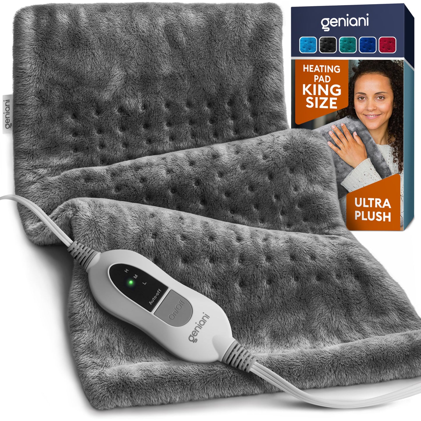 GENIANI Electric Heating Pad for Back Pain & Cramps Relief, Electric Throw, Auto Shut Off, Machine Washable, Moist Heat Pad for Neck & Shoulder - Valentines Day Gifts for Her (12Γ24", Tabby Gray)