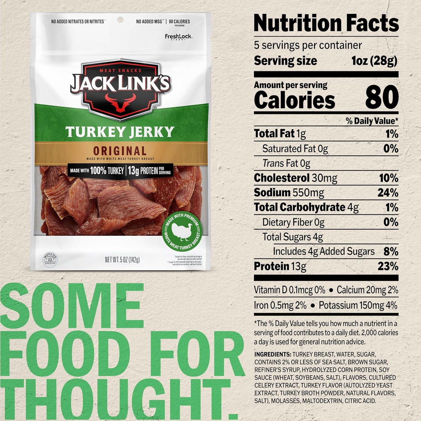 Jack Link's Turkey Jerky, Original, Jerky Bag - Flavorful Snack, Ready to Eat Protein Snacks with 13g of Protein per Serving, Made with 100% Turkey, Keto Friendly - 5 Oz.