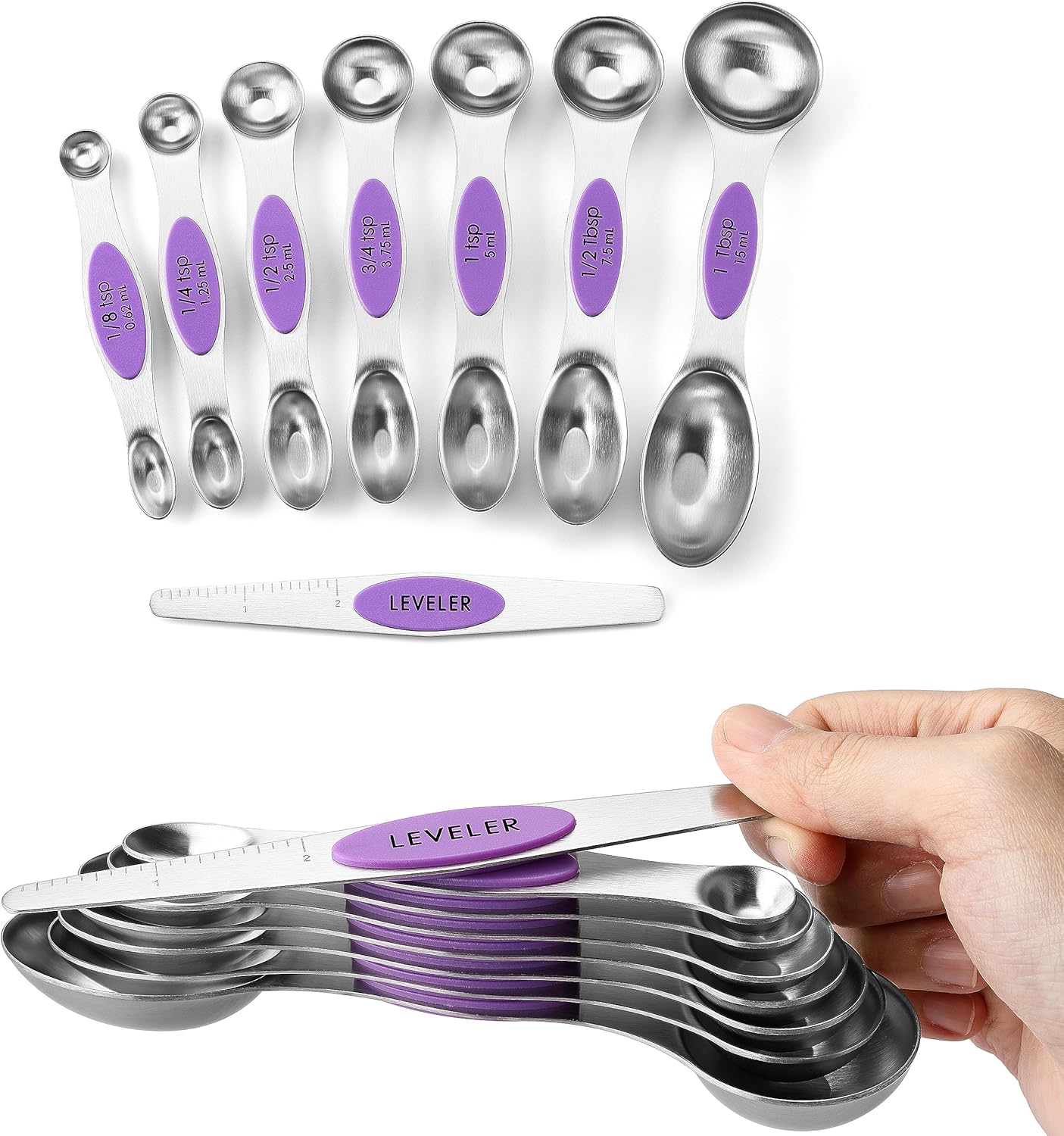 Spring Chef Stainless Steel Magnetic Measuring Spoons Set with Strong N45 Magnets, Heavy Duty Metal Kitchen Gadgets for Baking & Cooking, Fits in Most Kitchen Spice Jars, Set of 8 with Leveler, Black