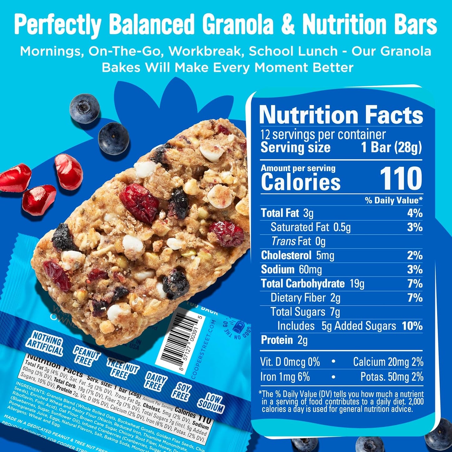 Cooper Street Granola Bakes - Soft Baked Oats, Grain & Seeds Breakfast Granola Cookie Bars - Nut & Dairy Free, Low Sodium, Healthy Lunchbox Snacks for Kids & Adults - Blueberry Pomegranate - 12 Pack