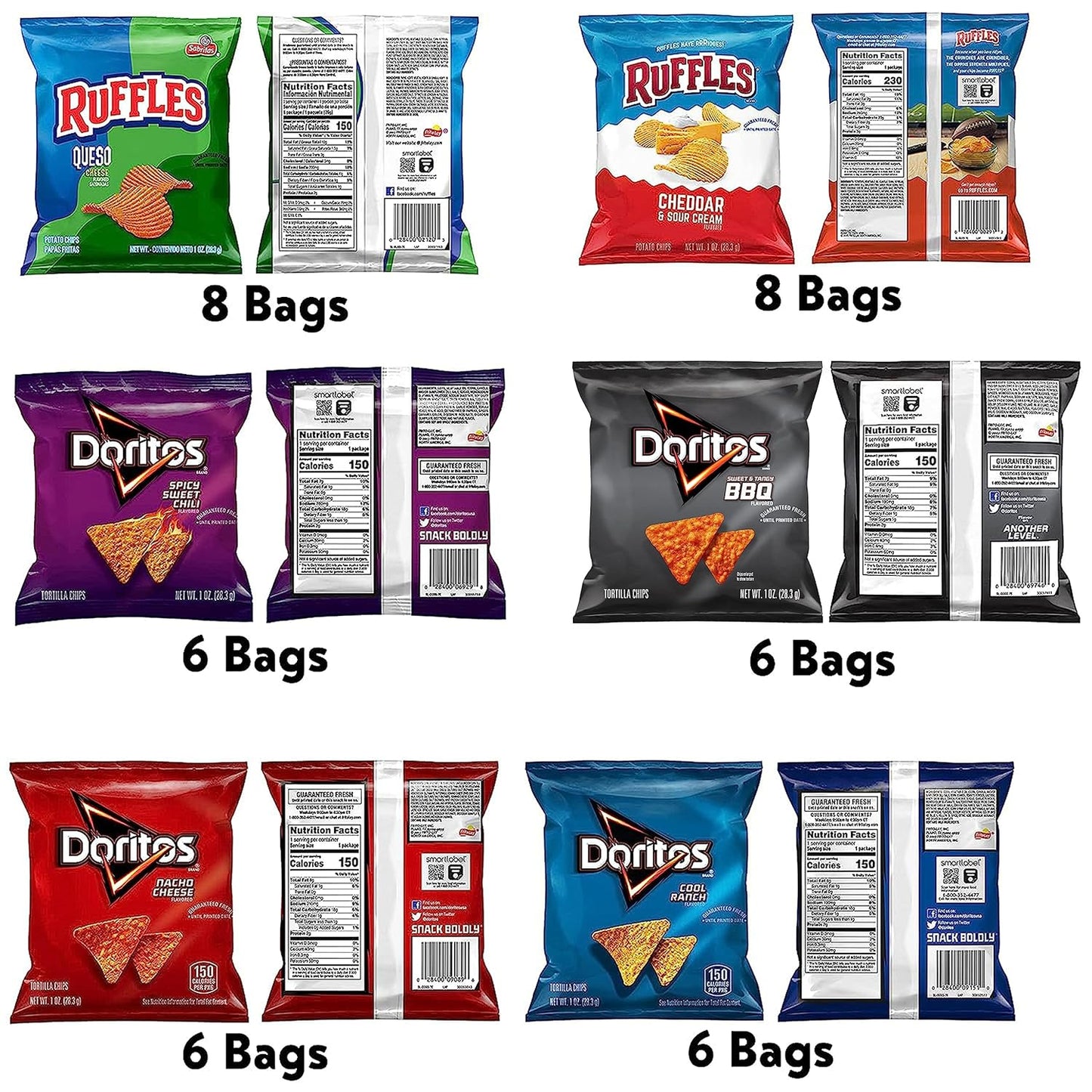 Ruffles FritoLay Variety Packs Flavors 1oz Bags, Ruffles & Doritos Bold Mix, 40 Count