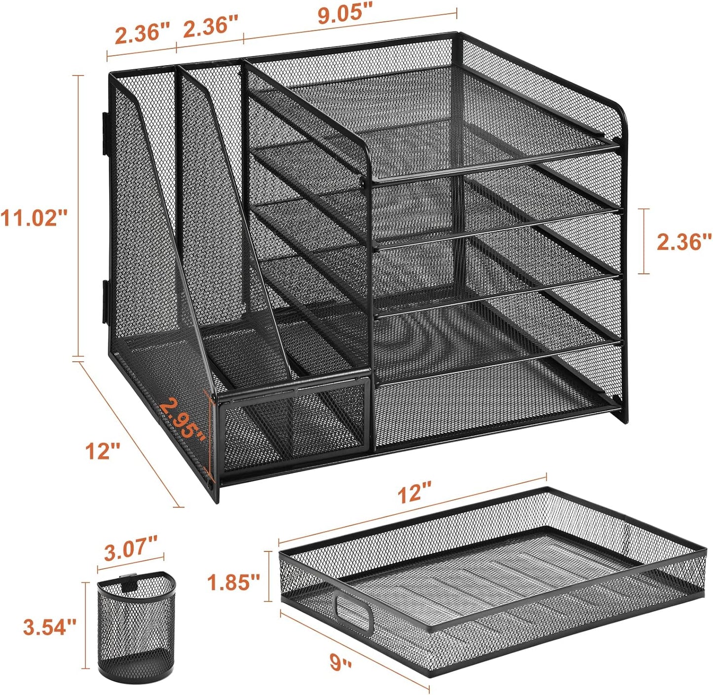 Marbrasse Desk Organizer with File Holder, 5-Tier Paper Letter Tray Organizer with Drawer and 2 Pen Holder, Mesh Desktop Organizer and Storage with Magazine Holder for Office Supplies(Black)
