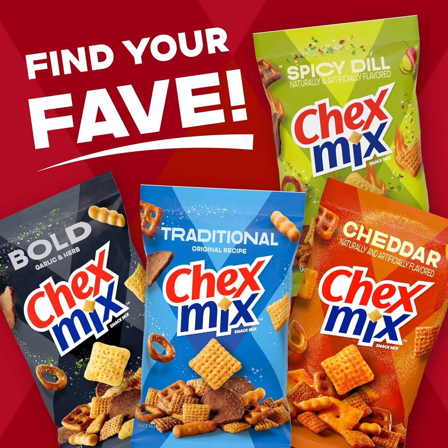Chex Mix Hot and Spicy Snack Mix, Savory Snack Bag, Family Size, 13.5 oz