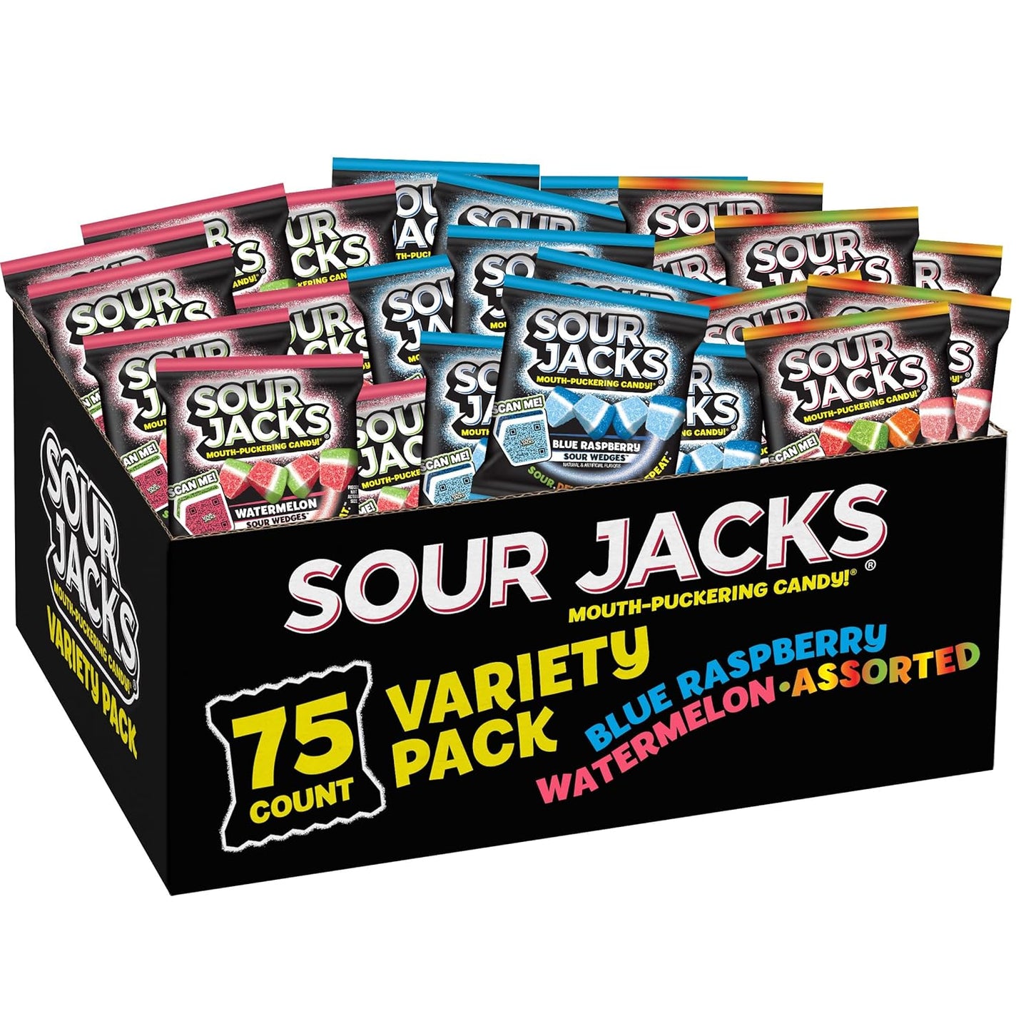SOUR JACKS, Sour Gummy Candy, Variety Pack, 75 0.5 oz Snack-Size Pouches, Watermelon, Blue Raspberry, and Assorted Fruit, Individually Wrapped, Fat Free, Gluten Free