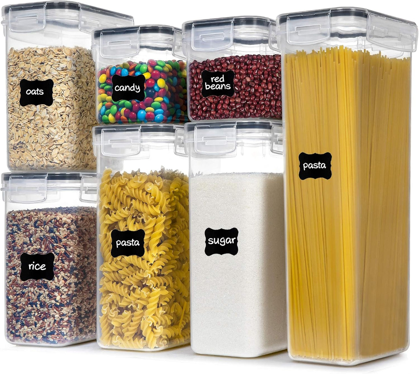 Airtight Food Storage Containers with Lids, 7 PCS BPA Free Kitchen Canisters for Spaghetti, Pasta, Dry Food, Flour and Sugar, Plastic Canisters for Pantry Organization and Storage