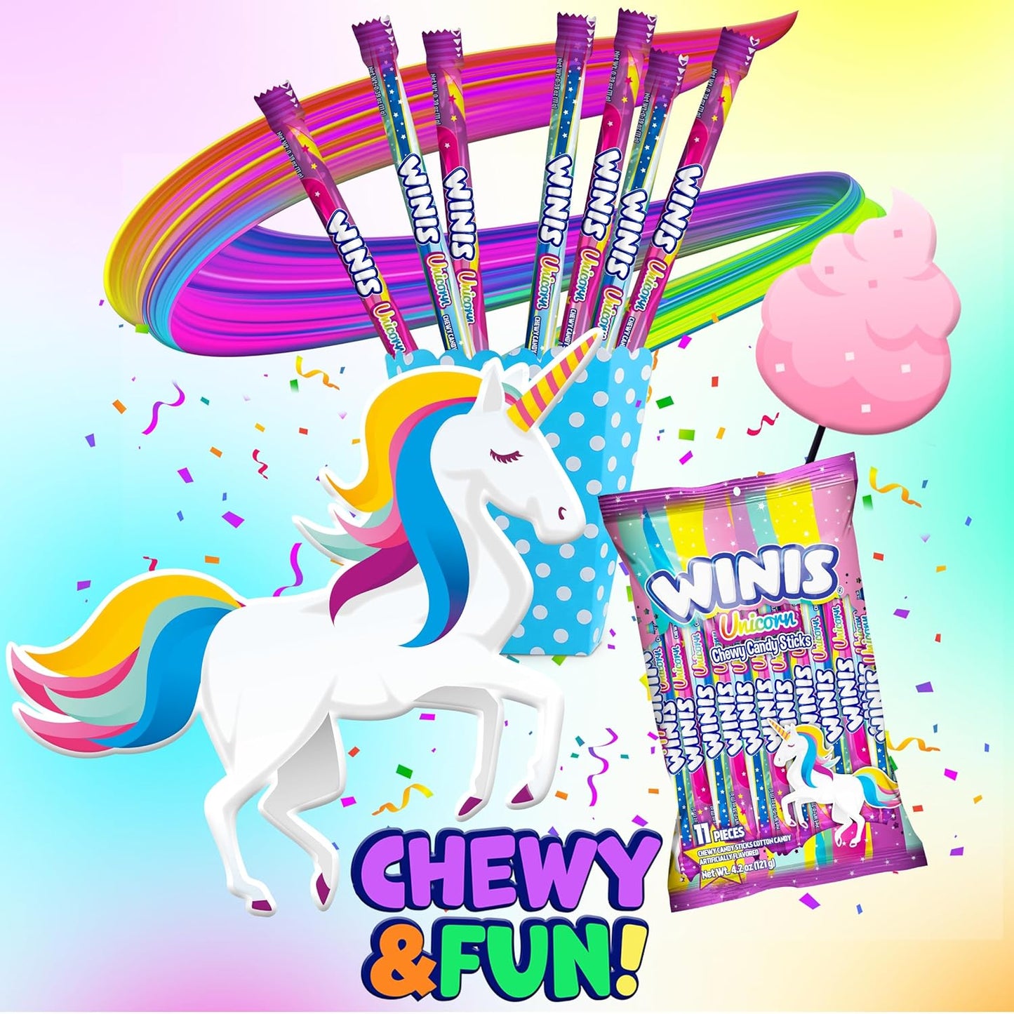 Winis Unicorn | Chewy Candy Swirl | Cotton-Candy Flavored | Sharing Size 4.3 Oz Bag - 11 Pieces | Gifts, Holiday, Parties, Concessions, Pantry, Non-Melting, Party