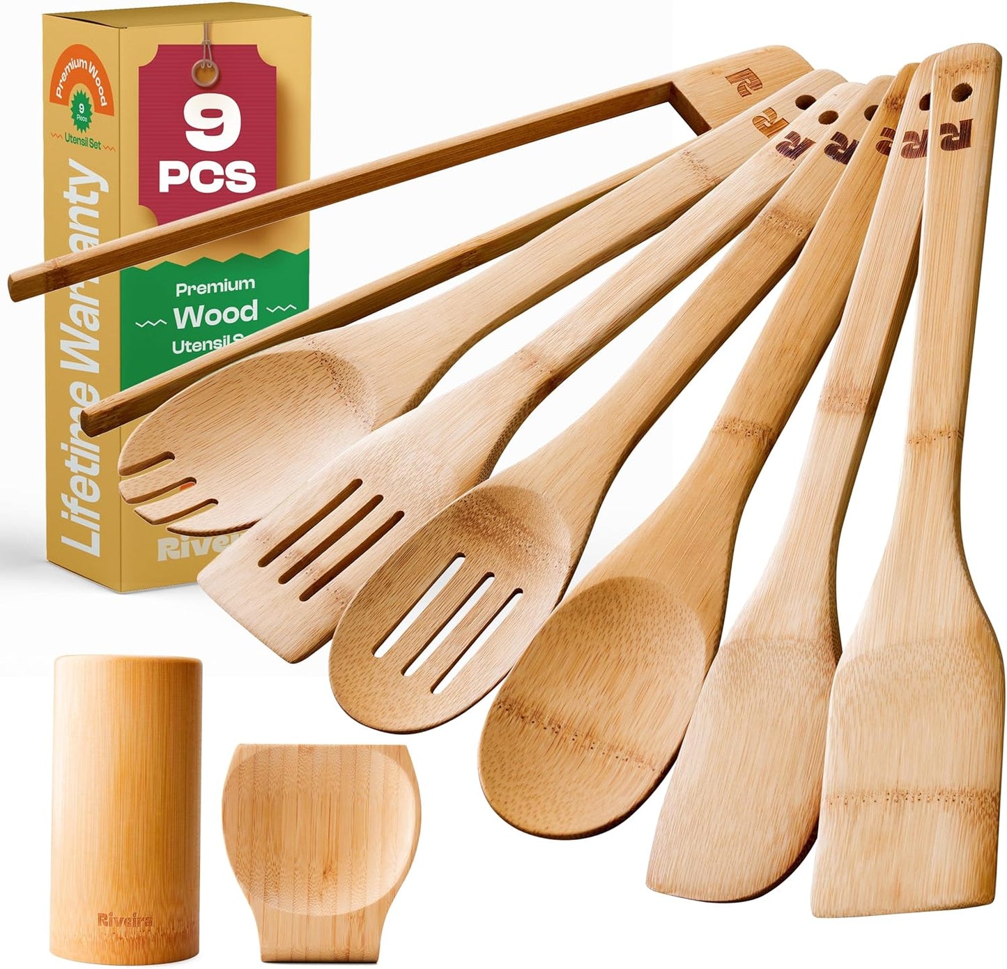 Riveira Bamboo Cooking Spoons 6-Piece – Wooden Cooking Utensils Set with Wooden Spoons for Cooking & Spatulas Wooden Utensil Sets – Premium Kitchen Utensils Set – Durable First Apartment Essentials