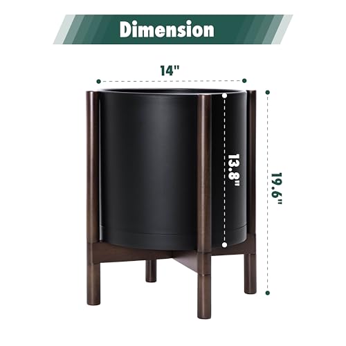 D'vine Dev Planter Pot with Stand - 14 Inch Plastic Cylinder Flower Pot with Wood Planter Holder for Indoor, Matte Black Pot + Walnut Color Stand, 55-C-R-2