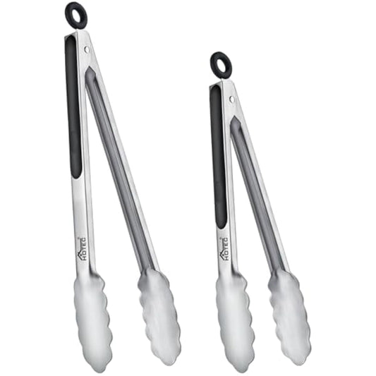 Hotec Stainless Steel Kitchen Tongs, Set of 2-9" and 12", Locking Metal Food Tongs for Cooking, Serving, BBQ, Grill Non-Slip Grip