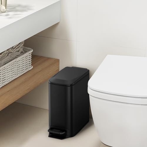Cesun Small Bathroom Trash Can with Lid Soft Close, Step Pedal, 6 Liter / 1.6 Gallon Stainless Steel Garbage Can with Removable Inner Bucket, Anti-Fingerprint Finish (Matt Black)