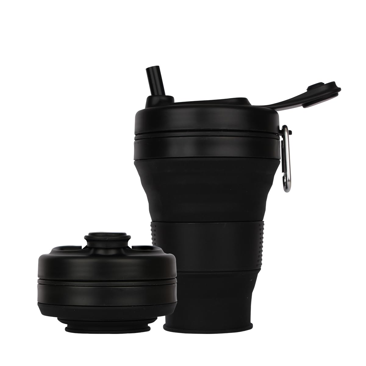 Silicone Coffee Cup with Straw lid Collapsible Cups for Traveling 20oz Lightweight Folding Water Mug for Picnic Hicking Camping Climbing (Black)