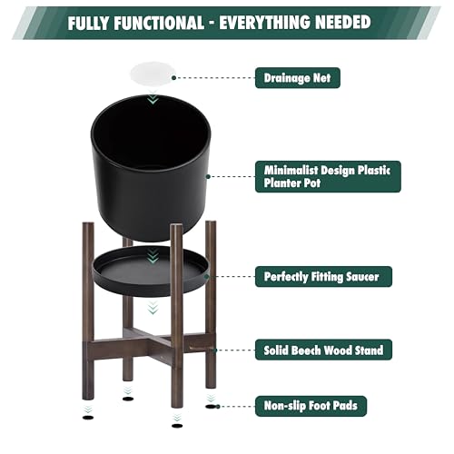 D'vine Dev Planter Pot with Stand - 14 Inch Plastic Cylinder Flower Pot with Wood Planter Holder for Indoor, Matte Black Pot + Walnut Color Stand, 55-C-R-2