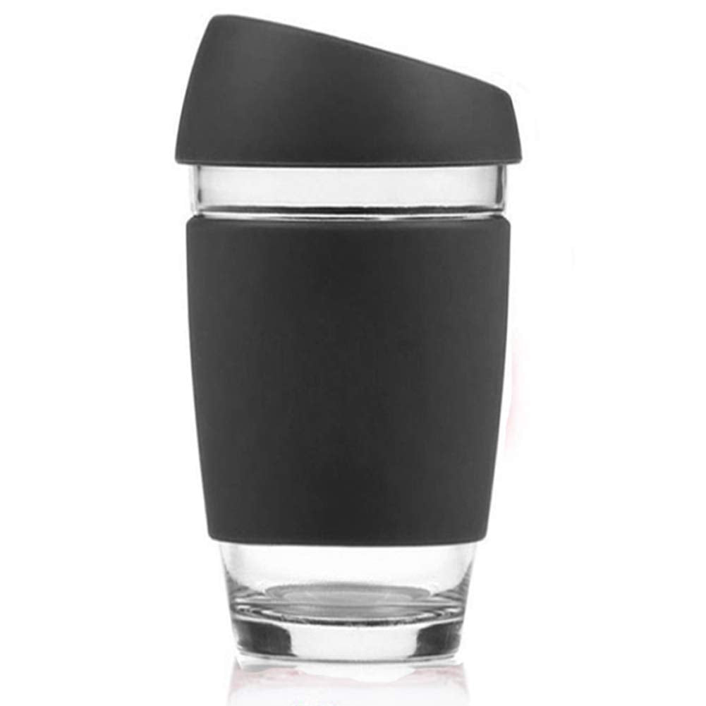 Reusable Glass Cup/Travel Mug Tumbler with Food-grade Silicon Cover Lid and Non-slip Sleeve, Dishwasher safe & microwavable - BPA, Lead and Cadmium Free (Black, 16oz)