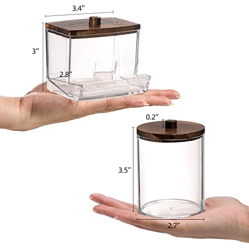 Tbestmax Qtips Holder Bathroom Container, 10 OZ Cotton Ball/Swabs Dispenser, Apothecary Jar Organizer for Storage Brown Wood Lids
