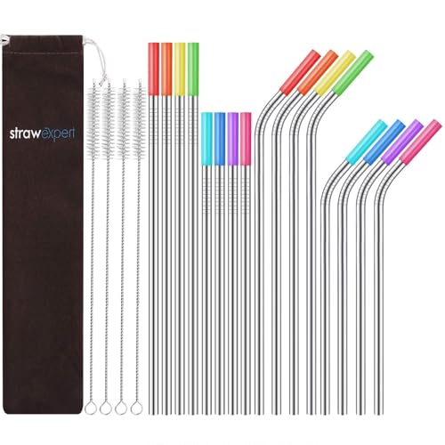 Set of 16 Reusable Stainless Steel Straws with Travel Case Cleaning Brush Silicone Tips Eco Friendly Extra Long Metal Straws Drinking for 20 24 30 oz Tumbler