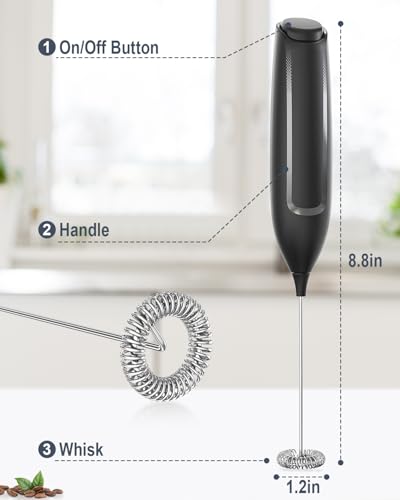 Milk Frother Handheld Battery, Electric Foam Maker Frother Wand, Drink Mixer with Stainless Steel Whisk for Coffee, Matcha, Lattes, Cappuccino Black
