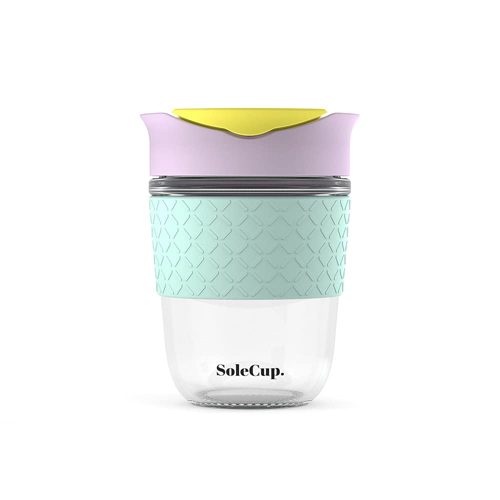Reusable Strengthened Glass Travel Cup - Spill Proof Coffee Mug - 12oz/340ml BPA-Free Hot Drink Travel Mug with Lid & Silicone Band (Ice Cream, 12oz)