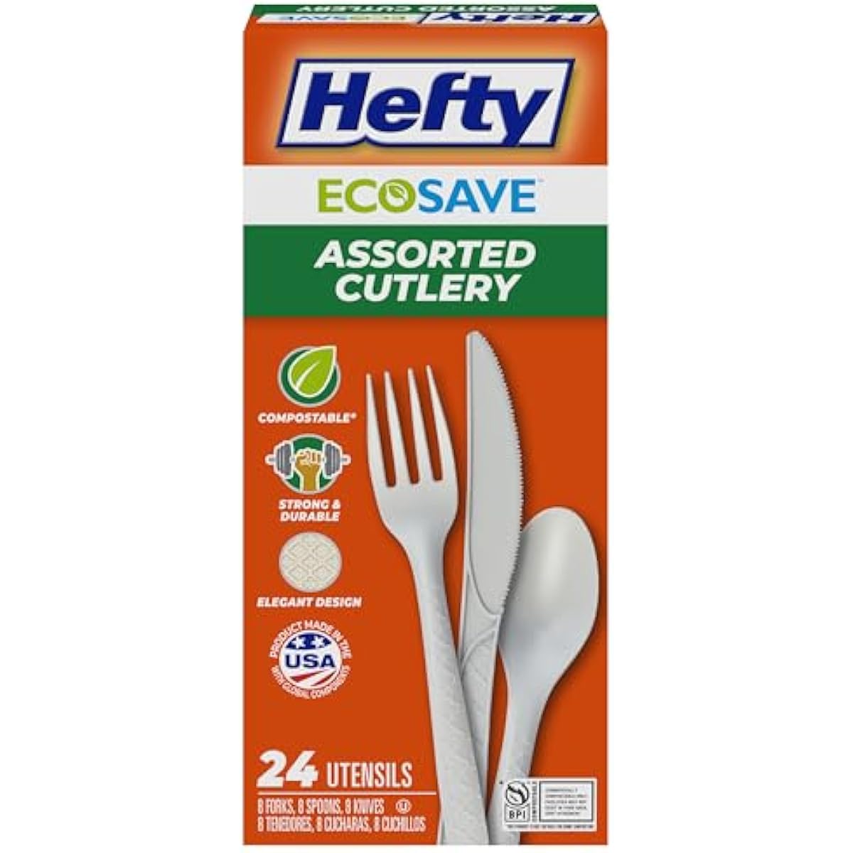 Hefty ECOSAVE Compostable Assorted Cutlery Set, Utensils for BBQs, Tailgates, Camping, Parties, and More, Includes 8 Forks, 8 Spoons, and 8 Knives, Compostable, Sustainable Design, 24 Count